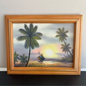 Vintage Filipino Canvas Art Philippines Painting Sunset Palm Trees Boat 1990s